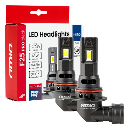 Amio - Λαμπτήρες LED F25 PRO Black Edition HIR2 (9012) 68W 12-24V Full CAN Bus με Φωτεινότητα 7646lm σε Ψυχρό Λευκό 6000K για Επιβατικά Αυτοκίνητα & Φορτηγά - Σετ 2 τεμ. (04724/AM)