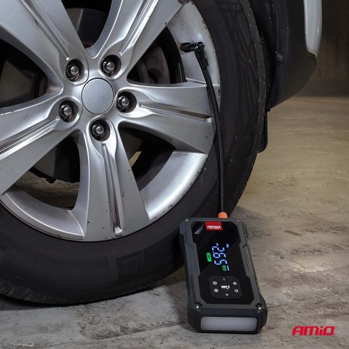 Amio - Φορητός Εκκινητής Μπαταρίας (Jump Starter) με ενσωματωμένο Κομπρεσέρ Αέρα, Powerbank και Φακό LED τάση λειτουργίας 12V με χωρητικότητα 7,2Ah και μέγιστο ρεύμα εκκίνησης 600A για Επιβατικά Αυτοκίνητα - 1 τεμ. (04674/AM)