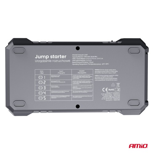 Amio - Φορητός Εκκινητής Μπαταρίας (Jump Starter) με ενσωματωμένο Κομπρεσέρ Αέρα, Powerbank και Φακό LED τάση λειτουργίας 12V με χωρητικότητα 7,2Ah και μέγιστο ρεύμα εκκίνησης 600A για Επιβατικά Αυτοκίνητα - 1 τεμ. (04674/AM)