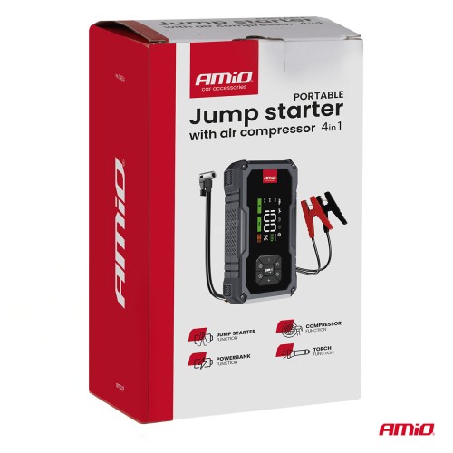 Amio - Φορητός Εκκινητής Μπαταρίας (Jump Starter) με ενσωματωμένο Κομπρεσέρ Αέρα, Powerbank και Φακό LED τάση λειτουργίας 12V με χωρητικότητα 7,2Ah και μέγιστο ρεύμα εκκίνησης 600A για Επιβατικά Αυτοκίνητα - 1 τεμ. (04674/AM)