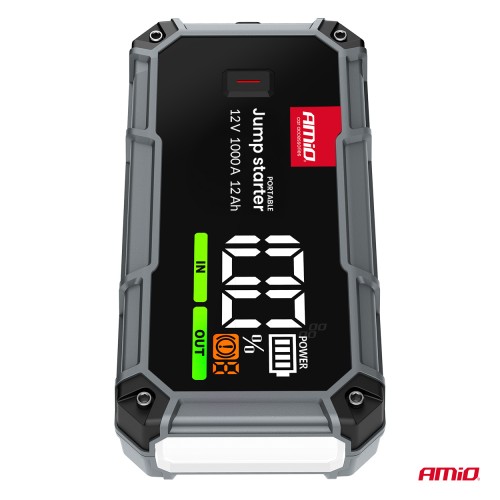 Amio - Φορητός Εκκινητής Μπαταρίας (Jump Starter), Powerbank και Φακός LED τάση λειτουργίας 12V με χωρητικότητα 12Ah και ρεύμα εκκίνησης 500A (στιγμιαία μέγιστη ισχύς 1000A) σειρά Pro για Επιβατικά Αυτοκίνητα - 1 τεμ. (04676/AM)