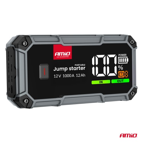 Amio - Φορητός Εκκινητής Μπαταρίας (Jump Starter), Powerbank και Φακός LED τάση λειτουργίας 12V με χωρητικότητα 12Ah και ρεύμα εκκίνησης 500A (στιγμιαία μέγιστη ισχύς 1000A) σειρά Pro για Επιβατικά Αυτοκίνητα - 1 τεμ. (04676/AM)