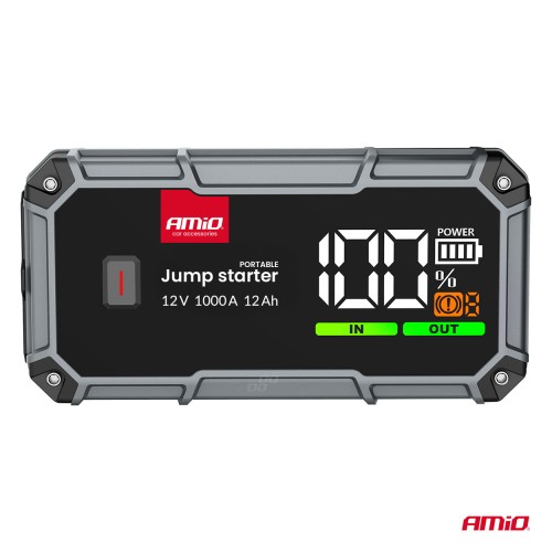 Amio - Φορητός Εκκινητής Μπαταρίας (Jump Starter), Powerbank και Φακός LED τάση λειτουργίας 12V με χωρητικότητα 12Ah και ρεύμα εκκίνησης 500A (στιγμιαία μέγιστη ισχύς 1000A) σειρά Pro για Επιβατικά Αυτοκίνητα - 1 τεμ. (04676/AM)