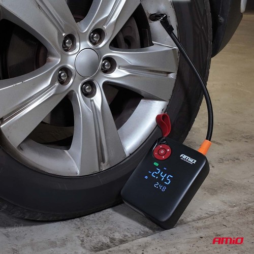 Amio - Φορητός Εκκινητής Μπαταρίας (Jump Starter) Mini με ενσωματωμένο Κομπρεσέρ Αέρα, Powerbank και Φακό LED τάση λειτουργίας 12V με χωρητικότητα 7,2Ah και μέγιστο ρεύμα εκκίνησης 600A για Επιβατικά Αυτοκίνητα - 1 τεμ. (04675/AM)