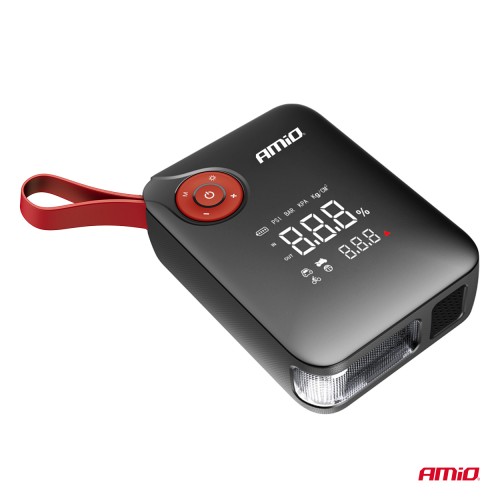 Amio - Φορητός Εκκινητής Μπαταρίας (Jump Starter) Mini με ενσωματωμένο Κομπρεσέρ Αέρα, Powerbank και Φακό LED τάση λειτουργίας 12V με χωρητικότητα 7,2Ah και μέγιστο ρεύμα εκκίνησης 600A για Επιβατικά Αυτοκίνητα - 1 τεμ. (04675/AM)