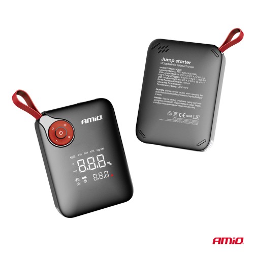 Amio - Φορητός Εκκινητής Μπαταρίας (Jump Starter) Mini με ενσωματωμένο Κομπρεσέρ Αέρα, Powerbank και Φακό LED τάση λειτουργίας 12V με χωρητικότητα 7,2Ah και μέγιστο ρεύμα εκκίνησης 600A για Επιβατικά Αυτοκίνητα - 1 τεμ. (04675/AM)