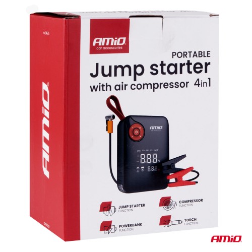 Amio - Φορητός Εκκινητής Μπαταρίας (Jump Starter) Mini με ενσωματωμένο Κομπρεσέρ Αέρα, Powerbank και Φακό LED τάση λειτουργίας 12V με χωρητικότητα 7,2Ah και μέγιστο ρεύμα εκκίνησης 600A για Επιβατικά Αυτοκίνητα - 1 τεμ. (04675/AM)