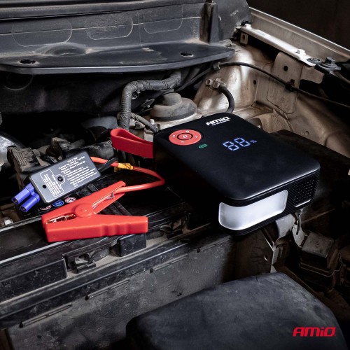 Amio - Φορητός Εκκινητής Μπαταρίας (Jump Starter) Mini με ενσωματωμένο Κομπρεσέρ Αέρα, Powerbank και Φακό LED τάση λειτουργίας 12V με χωρητικότητα 7,2Ah και μέγιστο ρεύμα εκκίνησης 600A για Επιβατικά Αυτοκίνητα - 1 τεμ. (04675/AM)