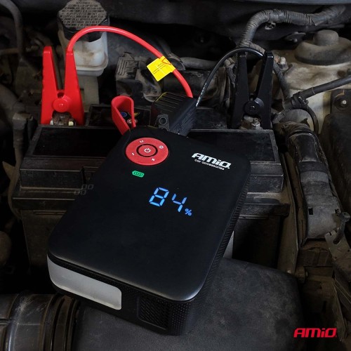 Amio - Φορητός Εκκινητής Μπαταρίας (Jump Starter) Mini με ενσωματωμένο Κομπρεσέρ Αέρα, Powerbank και Φακό LED τάση λειτουργίας 12V με χωρητικότητα 7,2Ah και μέγιστο ρεύμα εκκίνησης 600A για Επιβατικά Αυτοκίνητα - 1 τεμ. (04675/AM)