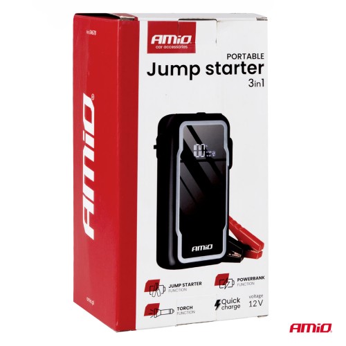 Amio - Φορητός Εκκινητής Μπαταρίας 3 σε 1 τύπου Jump Starter με Φως LED και Powerbank τάση λειτουργίας 12V απόδοσης 12Ah 800-1600A για Επιβατικά Αυτοκίνητα - 1 τεμ. (04678/AM)