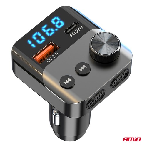 Amio - FM Transmitter Αναπτήρα τύπου FMT01 τάση λειτουργίας για Επιβατικά Αυτοκίνητα και Φορτηγά με 1xUSB Type-A και 1xUSB Type-C για Επιβατικά Αυτοκίνητα και Φορτηγά - 1 τεμ. (04647/AM)