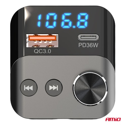 Amio - FM Transmitter Αναπτήρα τύπου FMT01 τάση λειτουργίας για Επιβατικά Αυτοκίνητα και Φορτηγά με 1xUSB Type-A και 1xUSB Type-C για Επιβατικά Αυτοκίνητα και Φορτηγά - 1 τεμ. (04647/AM)