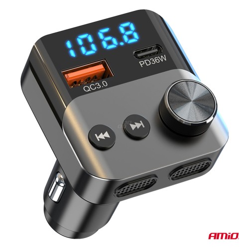 Amio - FM Transmitter Αναπτήρα τύπου FMT01 τάση λειτουργίας για Επιβατικά Αυτοκίνητα και Φορτηγά με 1xUSB Type-A και 1xUSB Type-C για Επιβατικά Αυτοκίνητα και Φορτηγά - 1 τεμ. (04647/AM)