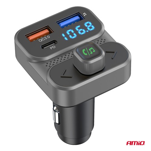 Amio - FM Transmitter Αναπτήρα τύπου FMT02 τάση λειτουργίας 12-24V με 2xUSB Type-A και 1xUSB Type-C για Επιβατικά Αυτοκίνητα και Φορτηγά - 1 τεμ. (04649/AM)