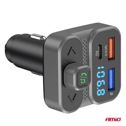 Amio - FM Transmitter Αναπτήρα τύπου FMT02 τάση λειτουργίας 12-24V με 2xUSB Type-A και 1xUSB Type-C για Επιβατικά Αυτοκίνητα και Φορτηγά - 1 τεμ. (04649/AM)