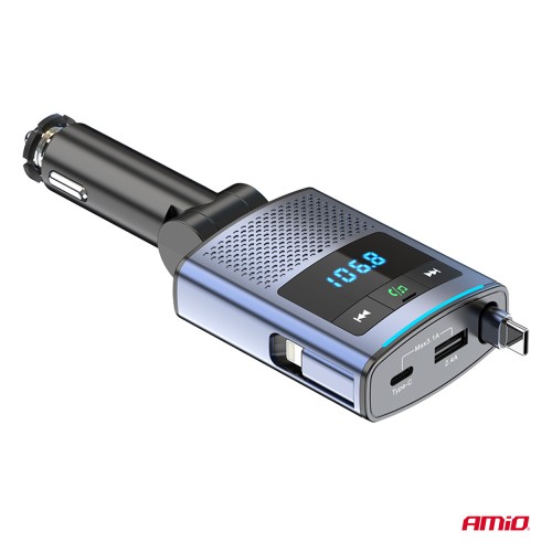 Amio - FM Transmitter Αυτοκινήτου 12/24V με 1xUSB Type-A, 1xUSB Type-C και Ενσωματωμένο Καλώδιο Φόρτισης Type-C - 1 τεμ. (04656/AM)