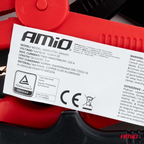 Amio - Καλώδια Φόρτισης Μπαταρίας (Ρευματοδότες) τάση λειτουργίας 12V ένταση ρεύματος 220A μήκος 3m με πιστοποίηση TUV για Επιβατικά Αυτοκίνητα - 1 σετ (04593/AM)