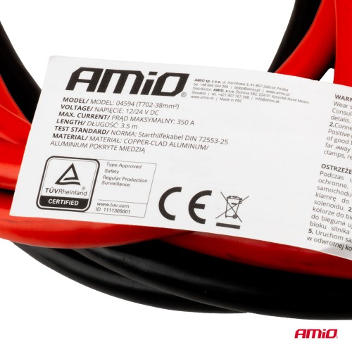 Amio - Καλώδια Φόρτισης Μπαταρίας (Ρευματοδότες) τάση λειτουργίας 12-24V ένταση ρεύματος 350A μήκος 3,5m με πιστοποίηση TUV για Επιβατικά Αυτοκίνητα και Φορτηγά - 1 σετ (04594/AM)