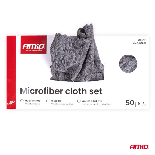 Amio - Σετ Πανιά Μικροϊνών (Microfiber) διαστάσεων 30x30cm με πυκνότητα 210g/m² σε συσκευασία 50 τεμαχίων για Επιβατικά Αυτοκίνητα και Οικιακή Χρήση - 50 τεμ. (04492/AM)