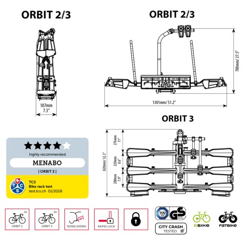 Menabo - Βάση Ποδηλάτου Κοτσαδόρου Orbit 3 για 3 ποδήλατα ή E-bike / Fat Bike Αναδιπλούμενη με Ανάκλιση / Μοχλό Γρήγορης Ασφάλισης / Αντάπτορα 13 pin - 1 τεμ. (14760/MB)