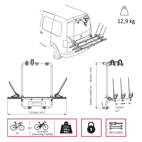 Menabo - Βάση Ποδηλάτου Shadow για 3 Ποδήλατα ή Fat Bikes με Quick Lock System για VW Caddy 2.0 (2021>) Van / SUV με Ασφαλή Μεταφορά Φορτίου - 1 Σετ (12950/MB)