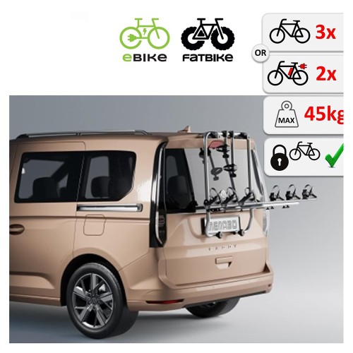 Menabo - Βάση Ποδηλάτου Shadow για 3 Ποδήλατα ή Fat Bikes με Quick Lock System για VW Caddy 2.0 (2021>) Van / SUV με Ασφαλή Μεταφορά Φορτίου - 1 Σετ (12950/MB)