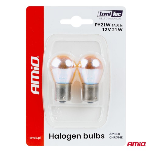 Amio – Λάμπες Αλογόνου PY21W BAU15s 12V 21W Πορτοκαλί/Χρώμιο Lumitec για Φλας & Καθαρή Σήμανση – Σετ 2 Τεμ. (04627/AM)