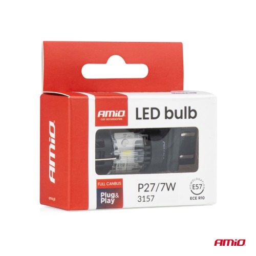 Amio – LED CSP P27/7W 3157 Καρφωτό 12V 66W 4800lm 6500K Full CANBUS για Στοπ & Θέσης Ισχυρό Φως – 1 Τεμ. (04691/AM)