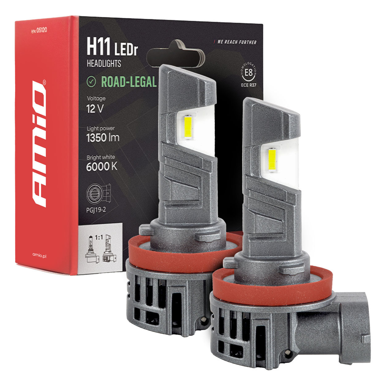 Amio – Λαμπτήρες Leds H11 18W 2700lm 6000K 9-18V με Έγκριση Τύπου R37 E-Mark Plug & Play FAN, προσφέρουν ψυχρό λευκό φως και νόμιμη οδήγηση – 2 Τεμ. (05120/AM)