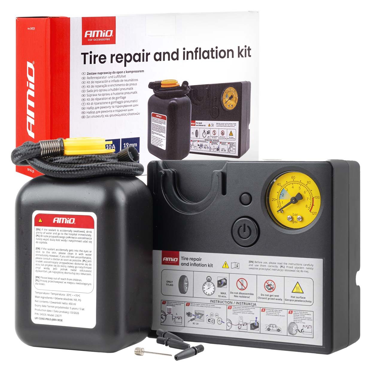 Amio – Κιτ Επισκευής & Φουσκώματος Ελαστικών 12V 120 PSI με Κομπρεσέρ Κυλίνδρου 19mm Universal, εξασφαλίζει συμπαγή σχεδιασμό και άμεση αυτονομία – 1 Τεμ. (04929/AM)