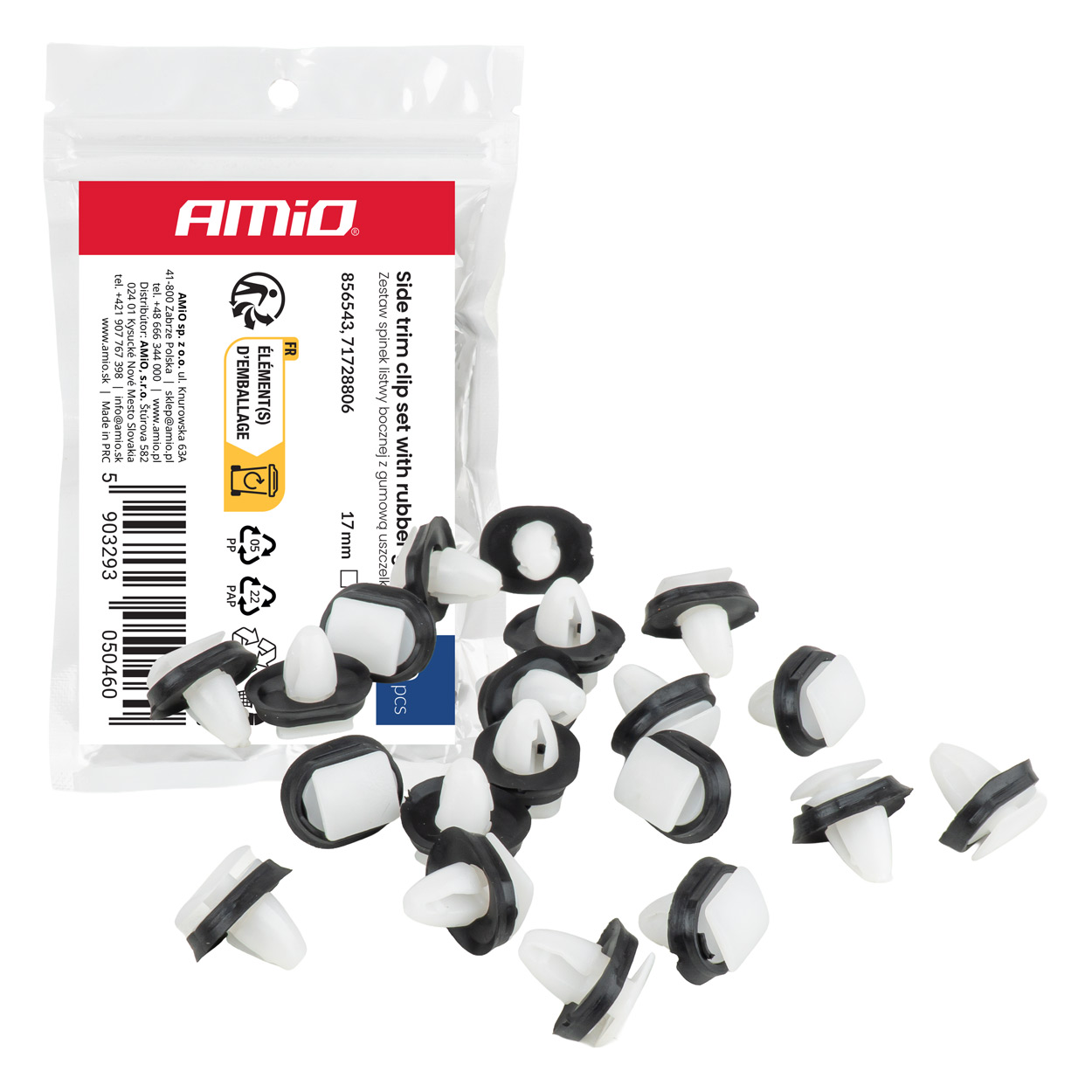 Amio – Σετ Πλαστικά Κλιπ για Πλαϊνά Φιλέτα & Προστατευτικές Λωρίδες με Λάστιχο Στεγανοποίησης ⌀8mm 17mm Universal, εξασφαλίζουν αντικραδασμική και στεγανή συγκράτηση – 20 Τεμ. (05046/AM)
