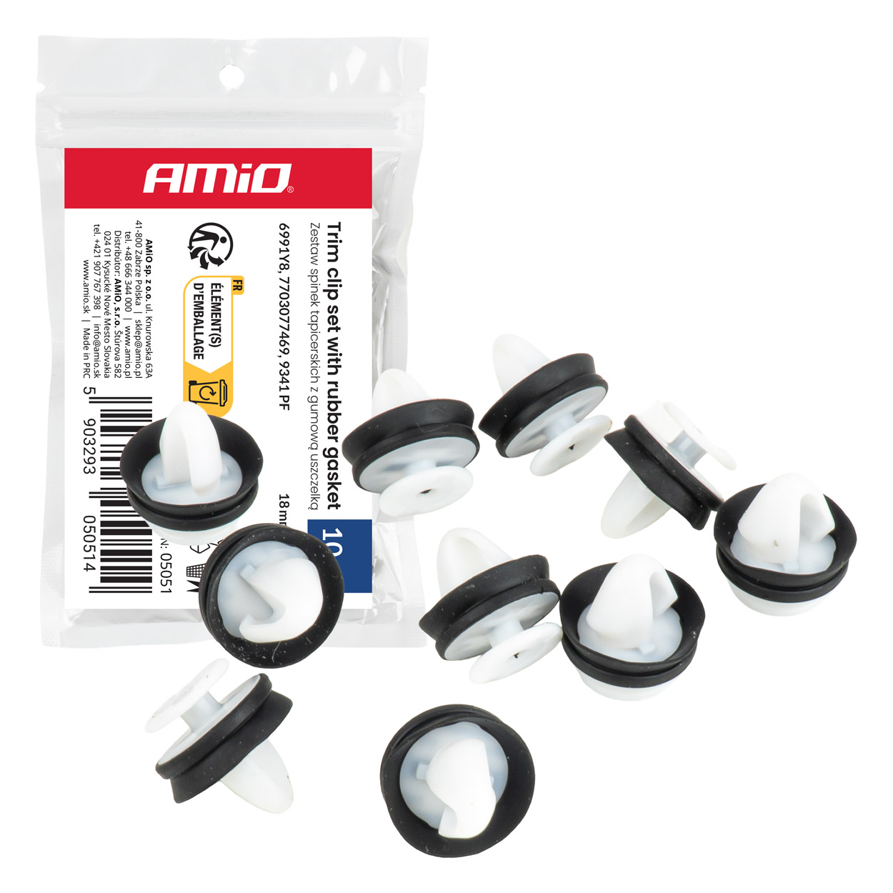 Amio – Σετ Πλαστικά Κλιπ Ταπετσαρίας & Επενδύσεων με Λάστιχο Στεγανοποίησης ⌀11mm 18mm Universal, εξασφαλίζουν αντικραδασμική συγκράτηση – 10 Τεμ. (05051/AM)
