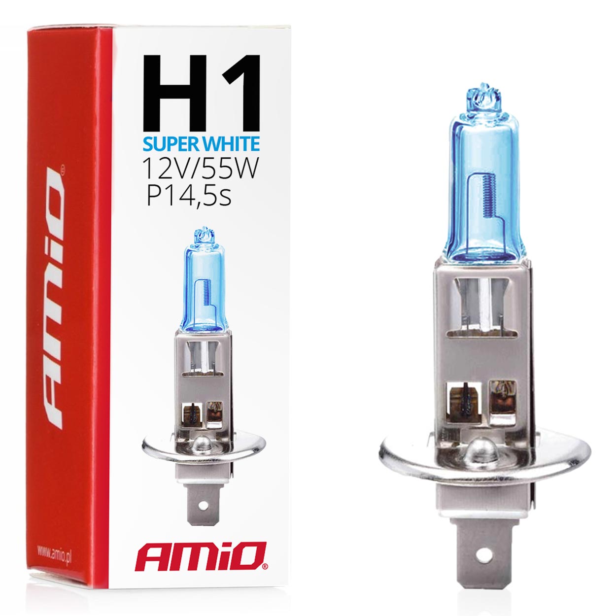 Amio – Λαμπτήρας Αλογόνου H1 P14.5s 12V 55W Super White για Προβολείς Αυτοκινήτου – 1 Τεμ. (01489/AM)