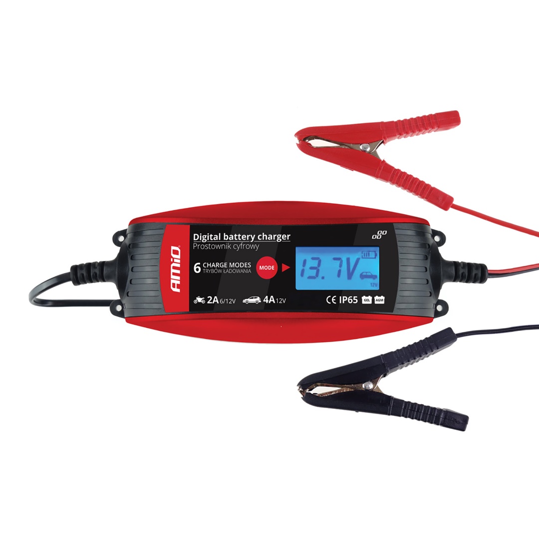 Amio - Φορτιστής Μπαταρίας 6/12V 2A/4A με LCD για φόρτιση και συντήρηση μπαταριών 1.2-120Ah με έξυπνη λειτουργία και προστασία IP65 για ασφαλή και αποδοτική χρήση - 1 Τεμ. (02088/AM)