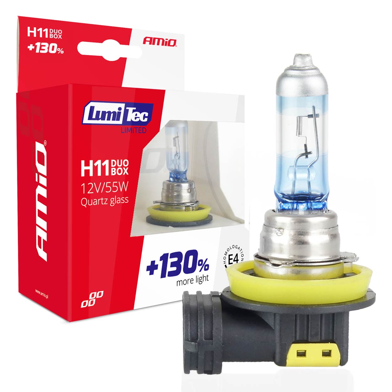 Amio - Λάμπες Αλογόνου H11 12V 55W PGJ19-2 LumiTec Limited με +130% Φωτεινότητα και Δέσμη έως 40m για Μεσαία & Μεγάλη Σκάλα με Λευκό Φως 4300K και UV Protection - 1 Σετ (02105/AM)