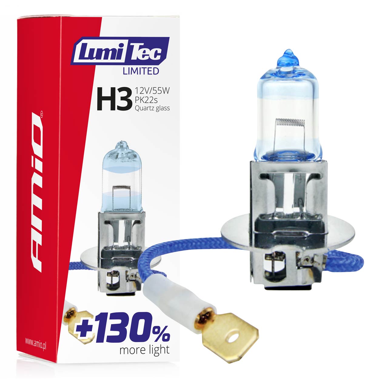 Amio - Λαμπτήρας Αλογόνου LumiTec Limited +130% τύπου H3 12V ισχύος 55W με βάση PK22s και λευκό φως 4300K για ενισχυμένη ορατότητα και μεγαλύτερη δέσμη έως 40m - 1 Τεμ. (02131/AM)