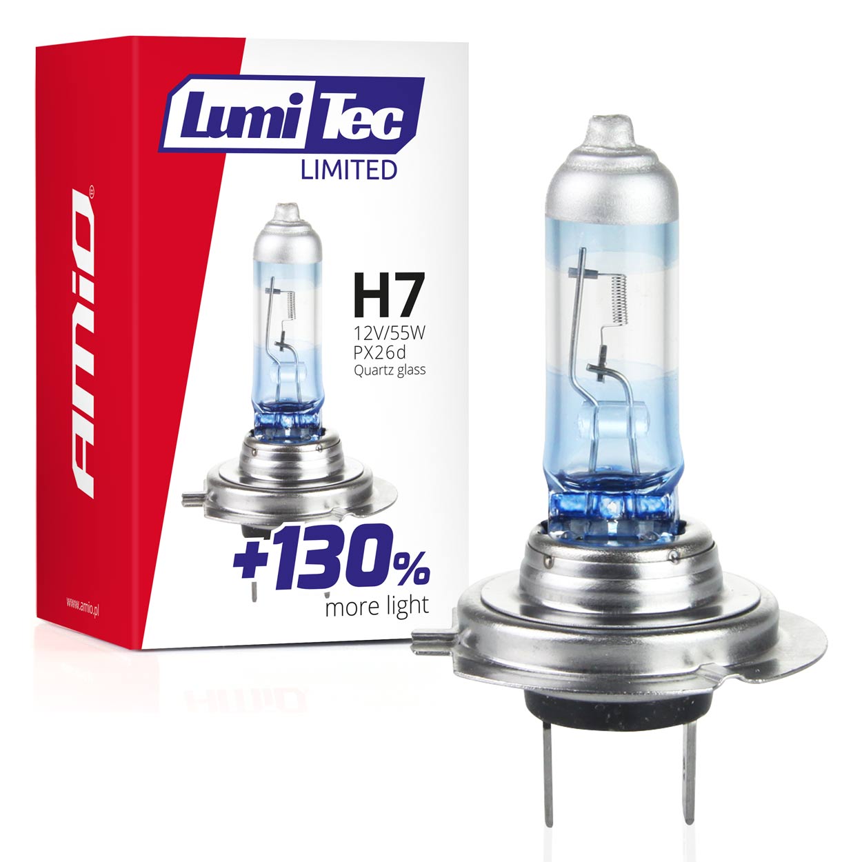 Amio - Λαμπτήρας Αλογόνου LumiTec Limited +130% τύπου H7 12V ισχύος 55W με βάση PX26d και λευκό φως 4300K για αυξημένη ορατότητα και μεγαλύτερη δέσμη έως 40m - 1 Τεμ. (02133/AM)
