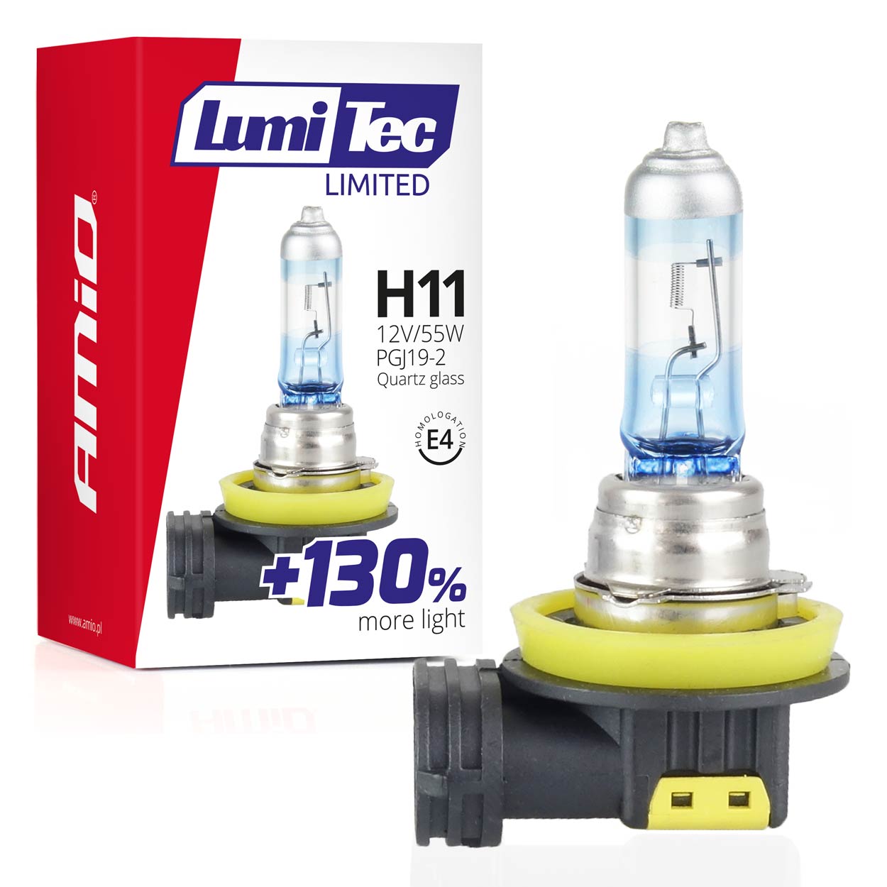 Amio - Λαμπτήρας Αλογόνου LumiTec Limited +130% τύπου H11 12V ισχύος 55W με βάση PGJ19-2 και λευκό φως 4300K για ενισχυμένη ορατότητα και μεγαλύτερη δέσμη έως 40m - 1 Τεμ. (02134/AM)