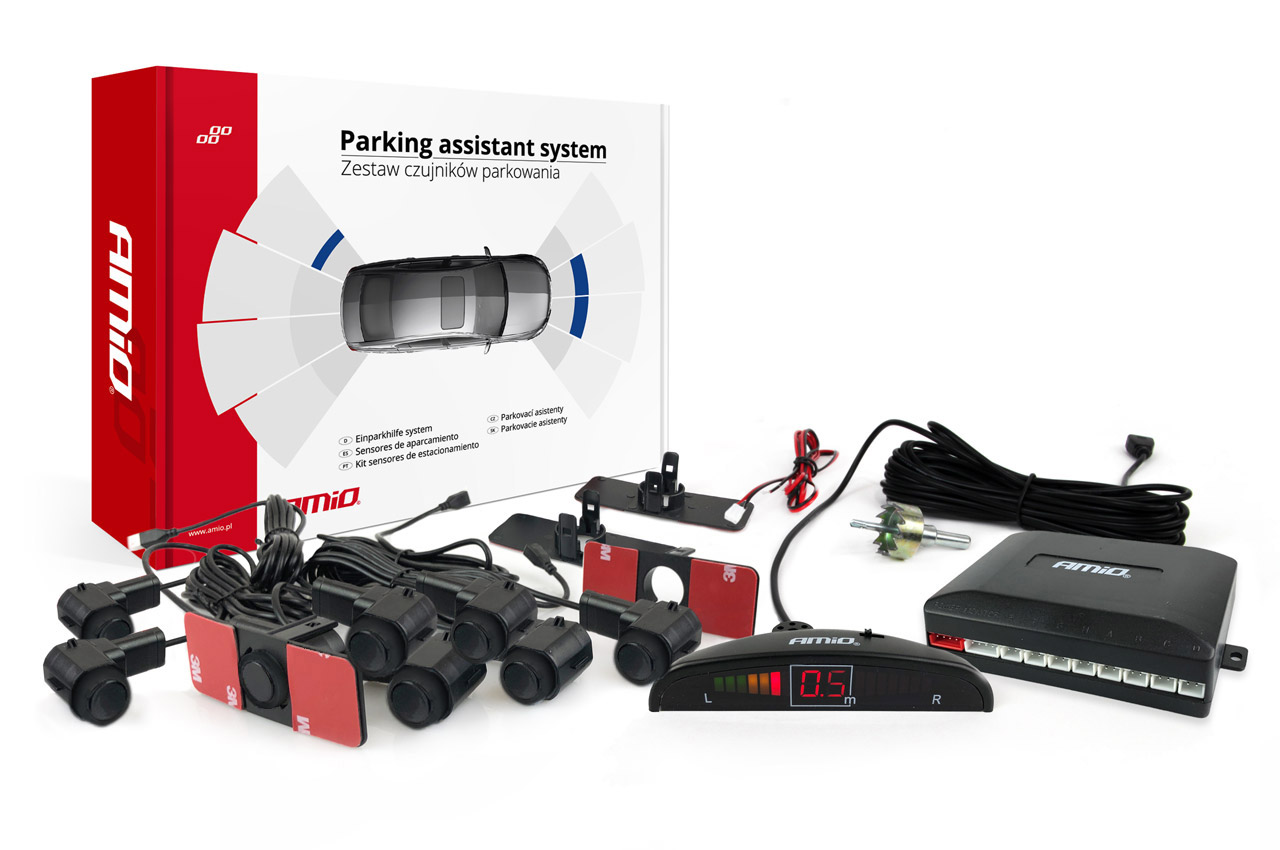 AMiO – Σύστημα Παρκαρίσματος 12V με 8 Αισθητήρες Inside Mount 16,5mm σε Μαύρο χρώμα και Οθόνη LED, ελιχθείτε περιμετρικά με απόλυτη ψηφιακή ακρίβεια εκατοστού – 1 Τεμ. (02256/AM)