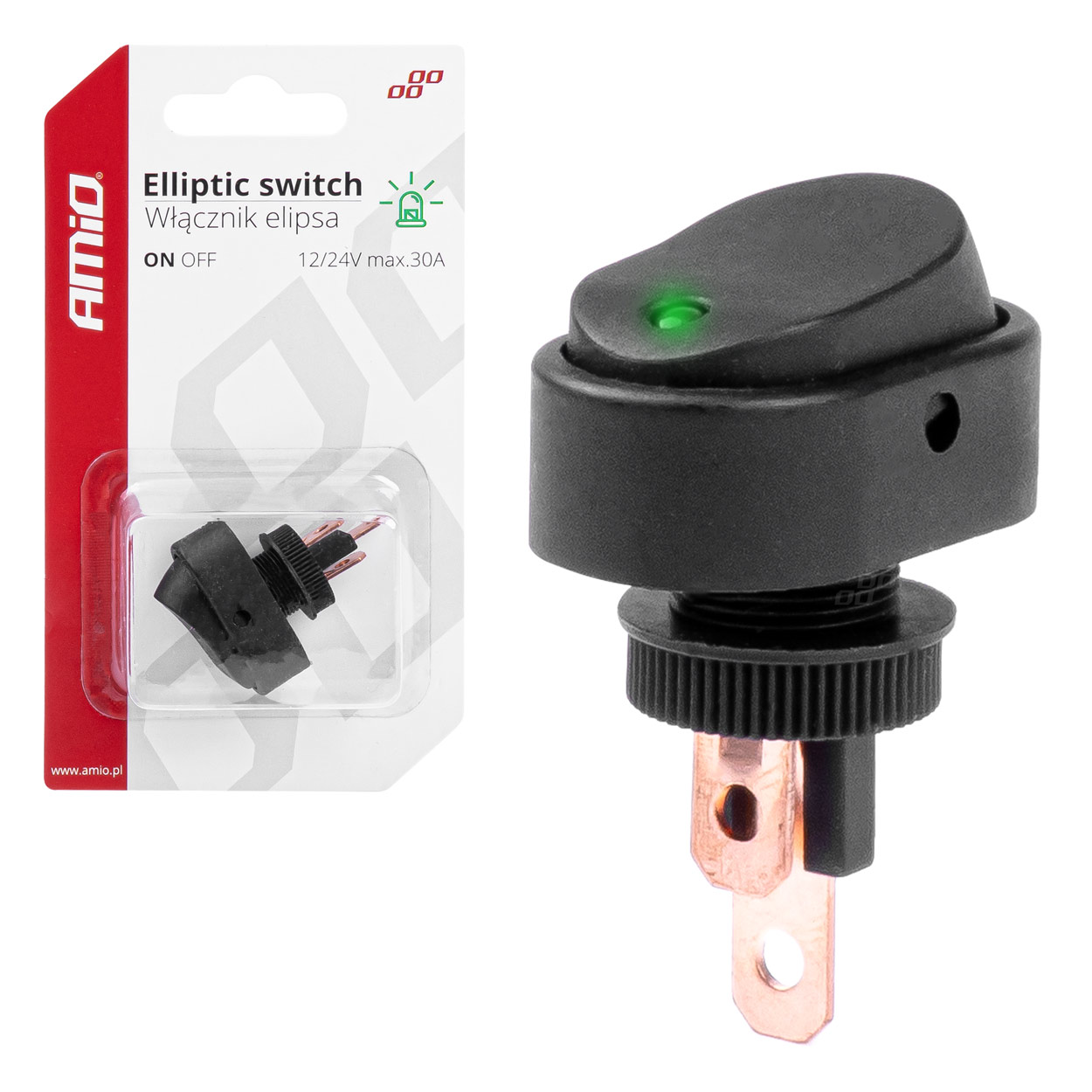 Amio - ΔΙΑΚΟΠΤΗΣ ON/OFF 3 ΕΠΑΦΩΝ ΜΕ LED ΠΡΑΣΙΝΟ 12/24V Φ12mm 30A ΜΕ ΣΠΕΙΡΩΜΑ ΟΒΑΛ - 1 ΤΕΜ. (03087/AM)