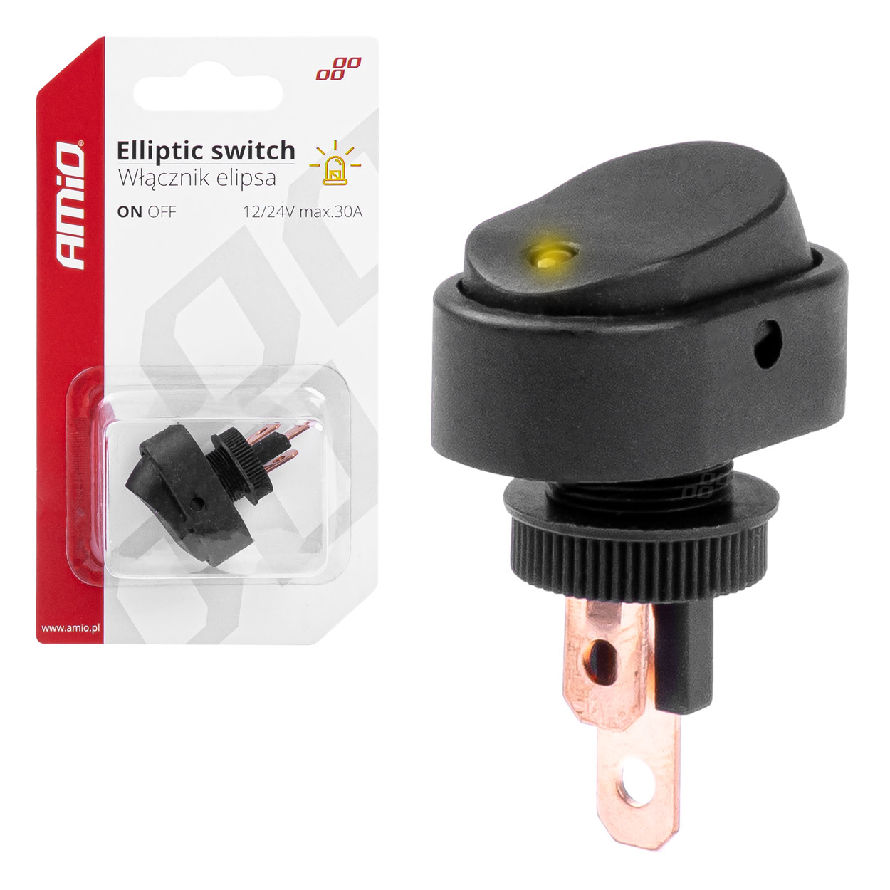 Amio - ΔΙΑΚΟΠΤΗΣ ON/OFF 3 ΕΠΑΦΩΝ ΜΕ LED ΚΙΤΡΙΝΟ 12/24V Φ12mm 30A ΜΕ ΣΠΕΙΡΩΜΑ ΟΒΑΛ - 1 ΤΕΜ. (03088/AM)