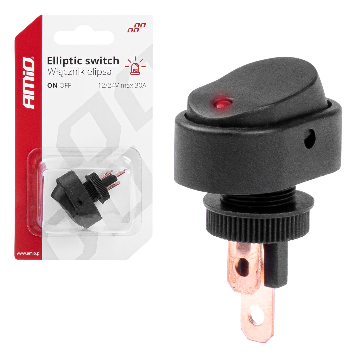 Amio - ΔΙΑΚΟΠΤΗΣ ON/OFF 3 ΕΠΑΦΩΝ ΜΕ LED ΚΟΚΚΙΝΟ12/24V Φ12mm 30A ΜΕ ΣΠΕΙΡΩΜΑ ΟΒΑΛ - 1 ΤΕΜ. (03089/AM)
