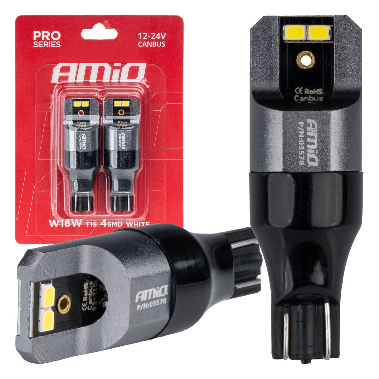 Amio - ΛΑΜΠΑΚΙΑ T15 W16W 12/24V 6.000K 4xSMD LED CAN-BUS ΛΕΥΚΟ 2016 PRO SERIES - 2 Τεμ. (03578/AM)
