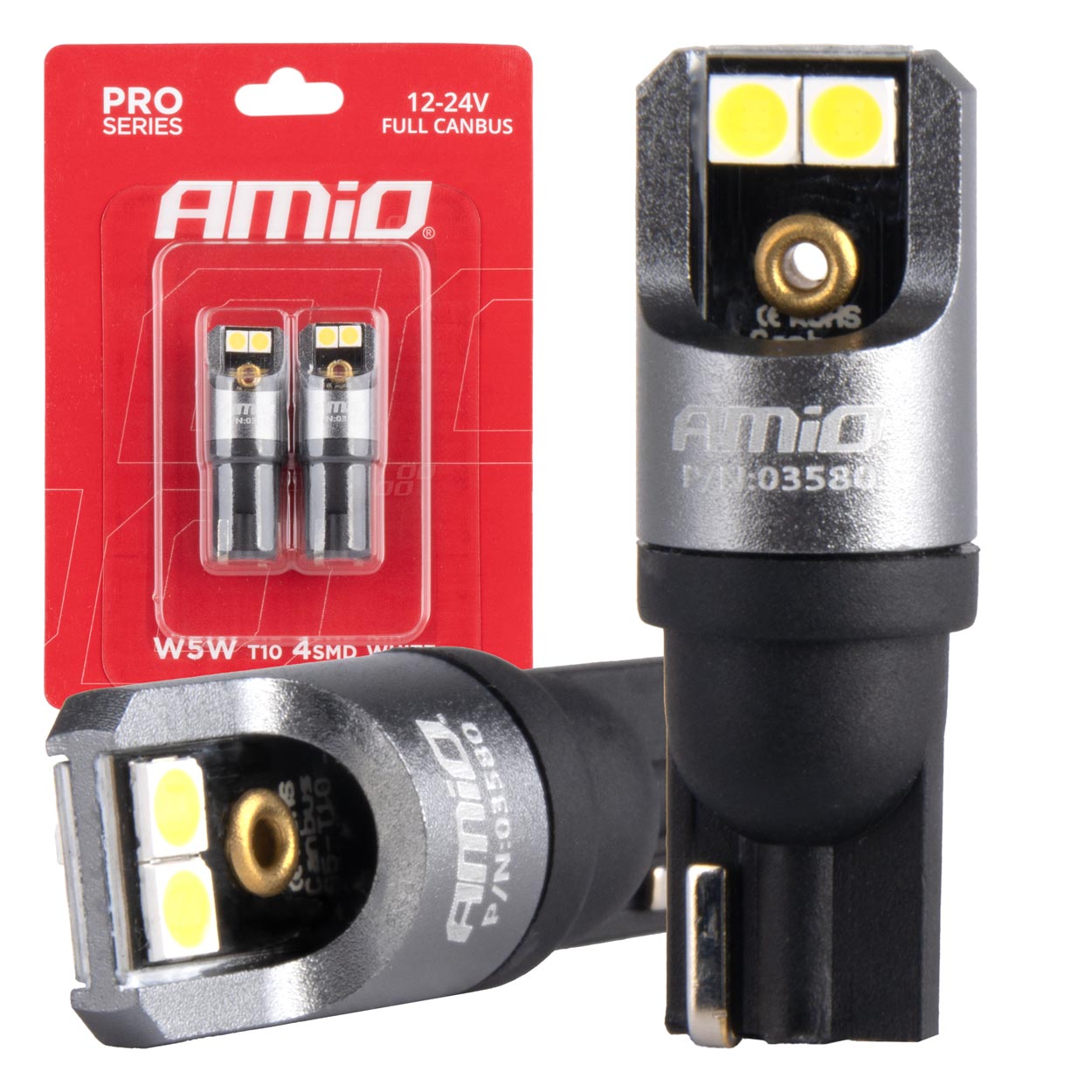Amio - ΛΑΜΠΑΚΙΑ T10 W5W 12/24V 6.000K 4xSMD LED FULL CAN-BUS ΛΕΥΚΟ 3030 PRO SERIES - 2 Τεμ. (03580/AM)