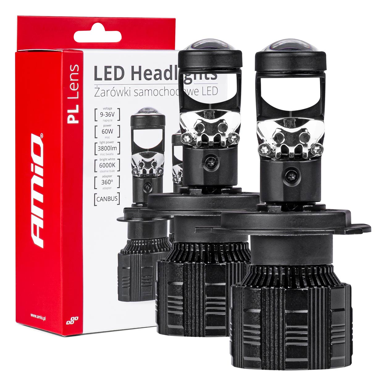 Amio - ΛΑΜΠΕΣ H4 PL-LENS SERIES 9>36V 60W 5.000K 3.800lm LED 2x4575 SMD CAN-BUS ΜΕ ΠΡΟΤΖΕΚΤΟΡΑ - 2 Τεμ. (03667/AM)