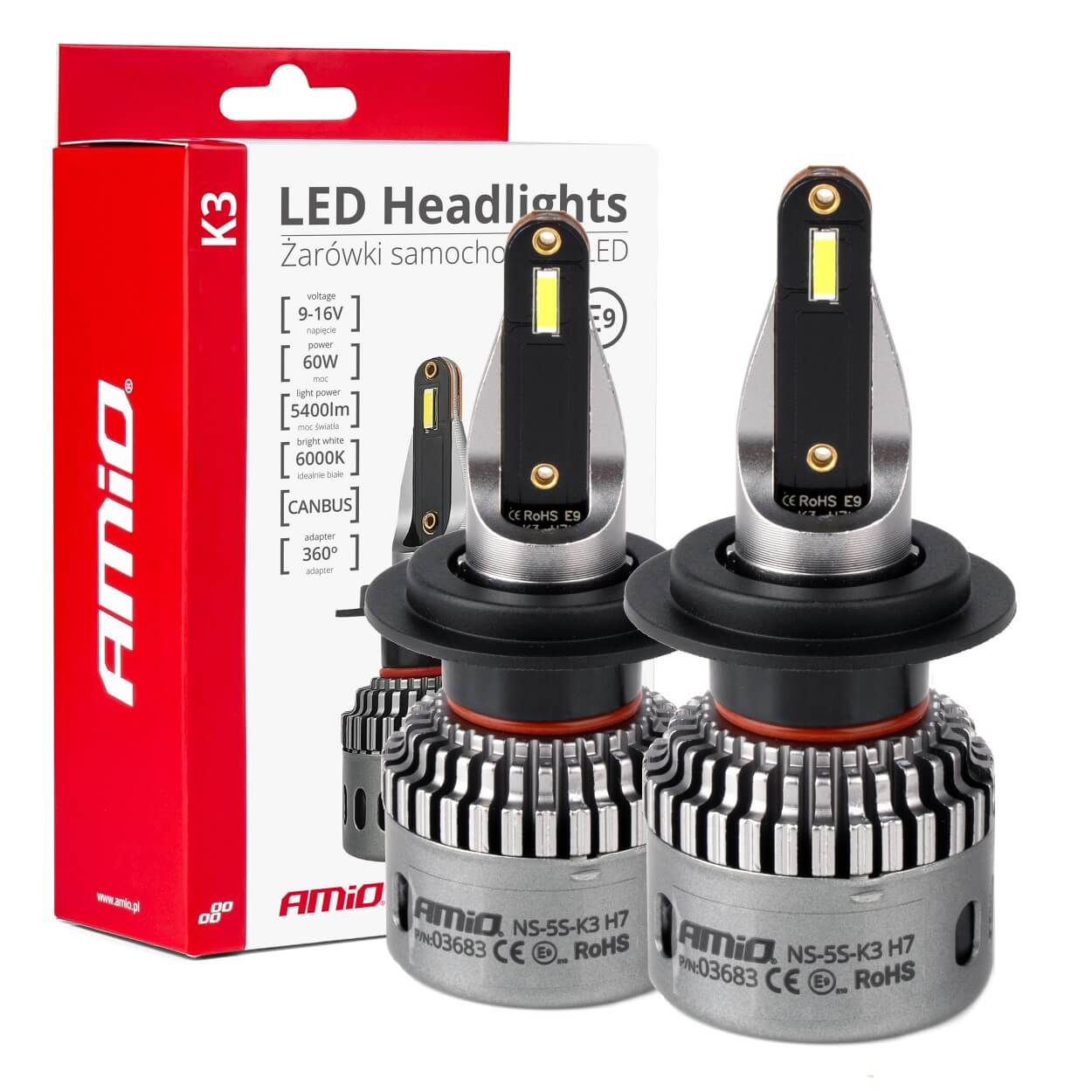 Amio - ΛΑΜΠΕΣ H7 9>16V 6.000K 5.400lm 60W K3 SERIES LED CAN-BUS(ΜΕ ΨΥΚΤΡΑ) - 2 Τεμ. (03683/ΑΜ)