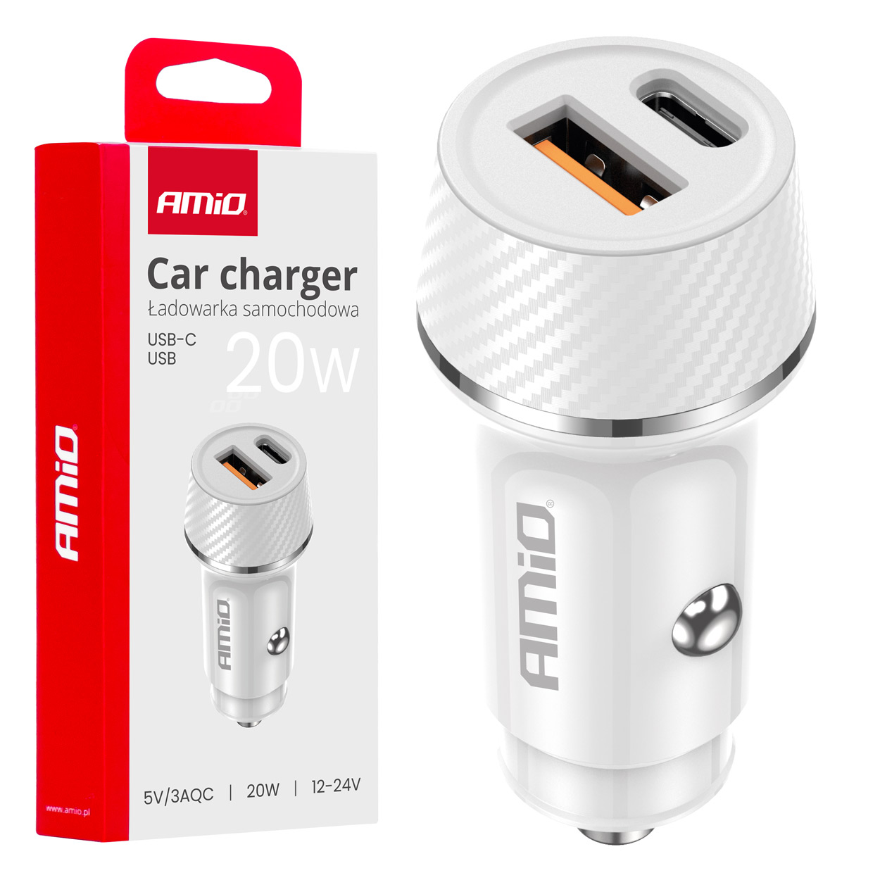 Amio - ΦΟΡΤΙΣΤΗΣ ΑΝΑΠΤΗΡΑ 12/24V ΜΕ 2 ΘΥΡΕΣ USB-C+USB 20W 5V/3AQC ΤΑΧΕΙΑΣ ΦΟΡΤΙΣΗΣ ΛΕΥΚΟΣ - 1 Τεμ. (03878/AM)
