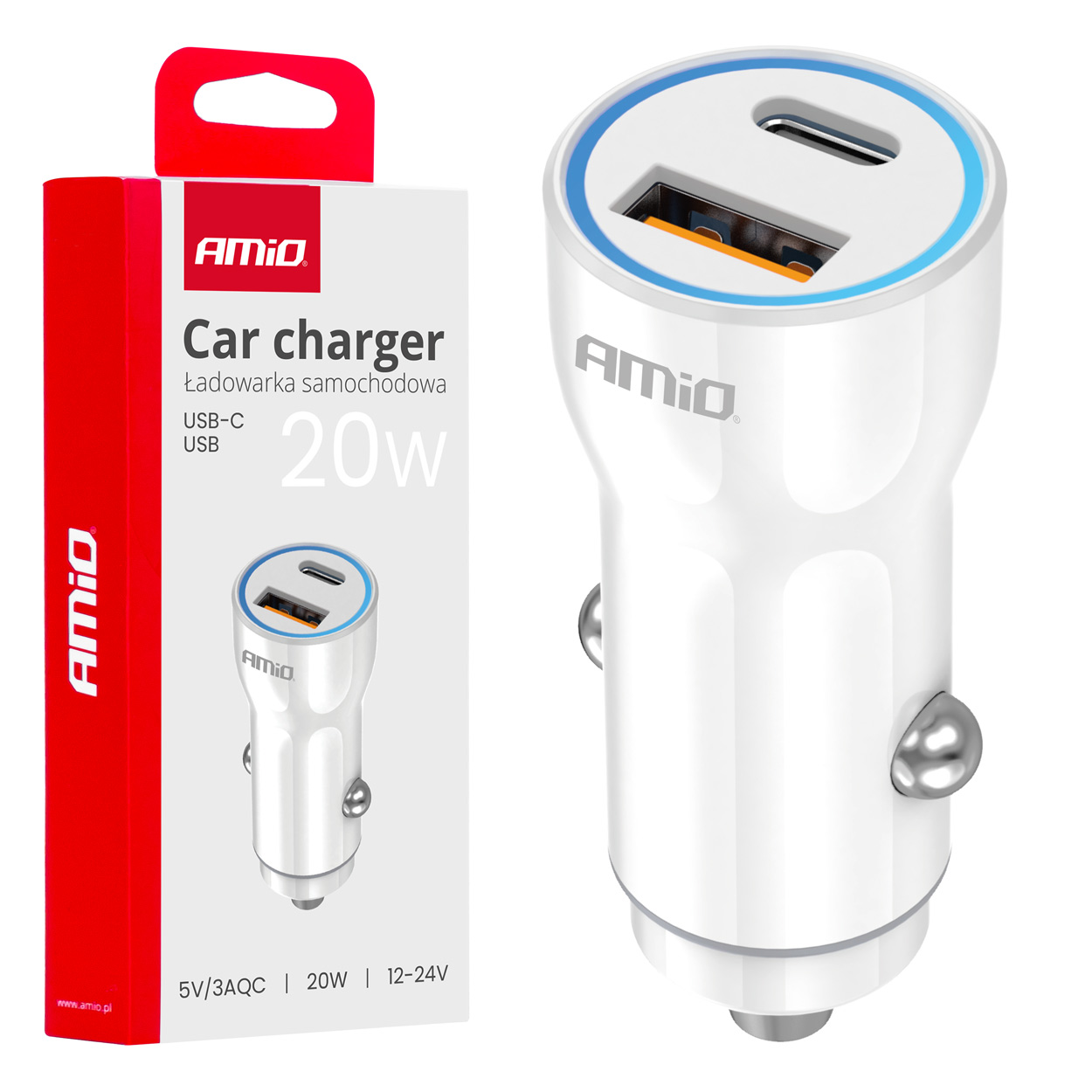 Amio - ΦΟΡΤΙΣΤΗΣ ΑΝΑΠΤΗΡΑ 12/24V ΜΕ 2 ΘΥΡΕΣ USB-C+USB 20W 5V/3AQC ΤΑΧΕΙΑΣ ΦΟΡΤΙΣΗΣ ΛΕΥΚΟ - 1 Τεμ. (03881/AM)