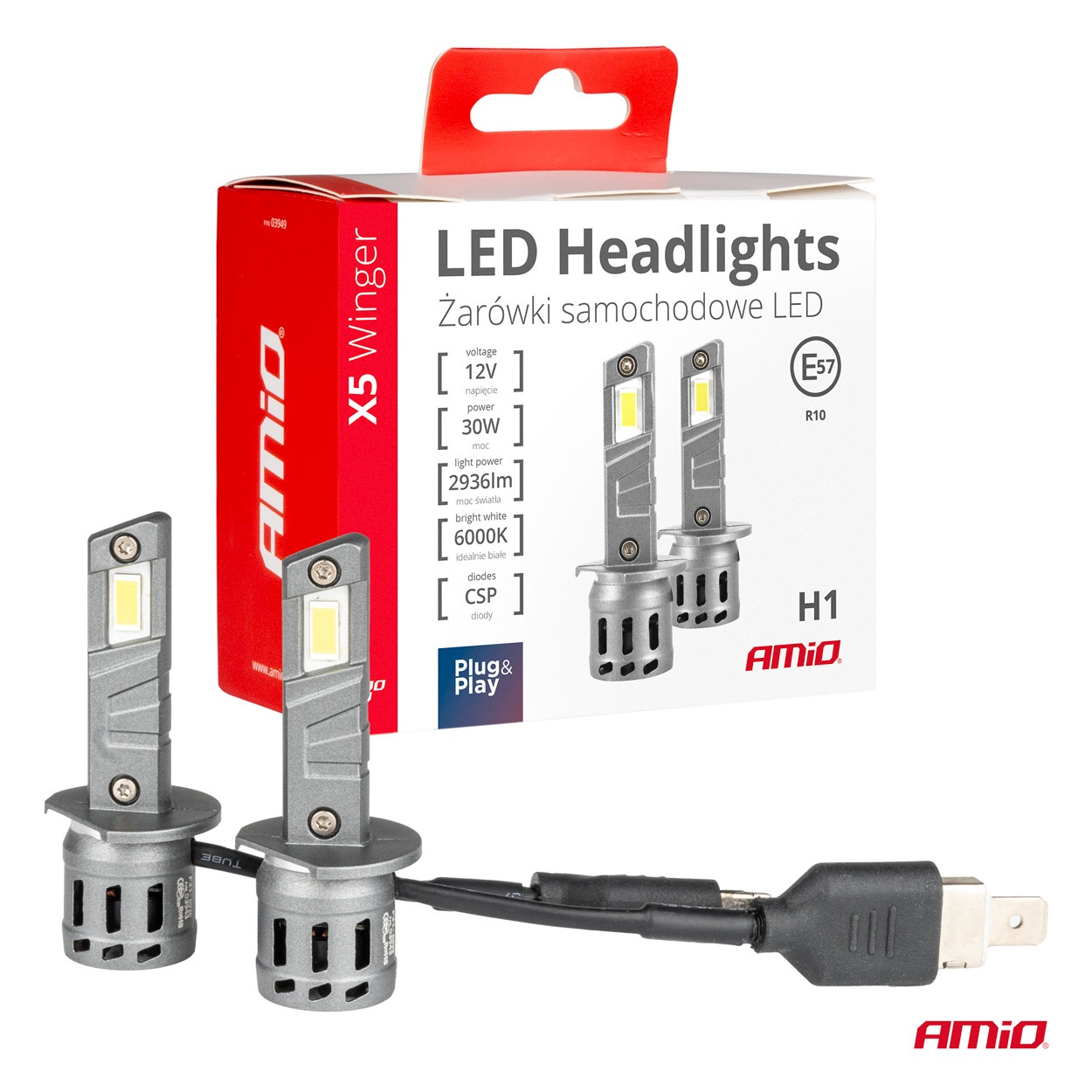 Amio - Λάμπες LED Αυτοκινήτου X5 WINGER H1 6000K 30W CANBUS 2936LM - 2 Τεμ. (03943/AM)