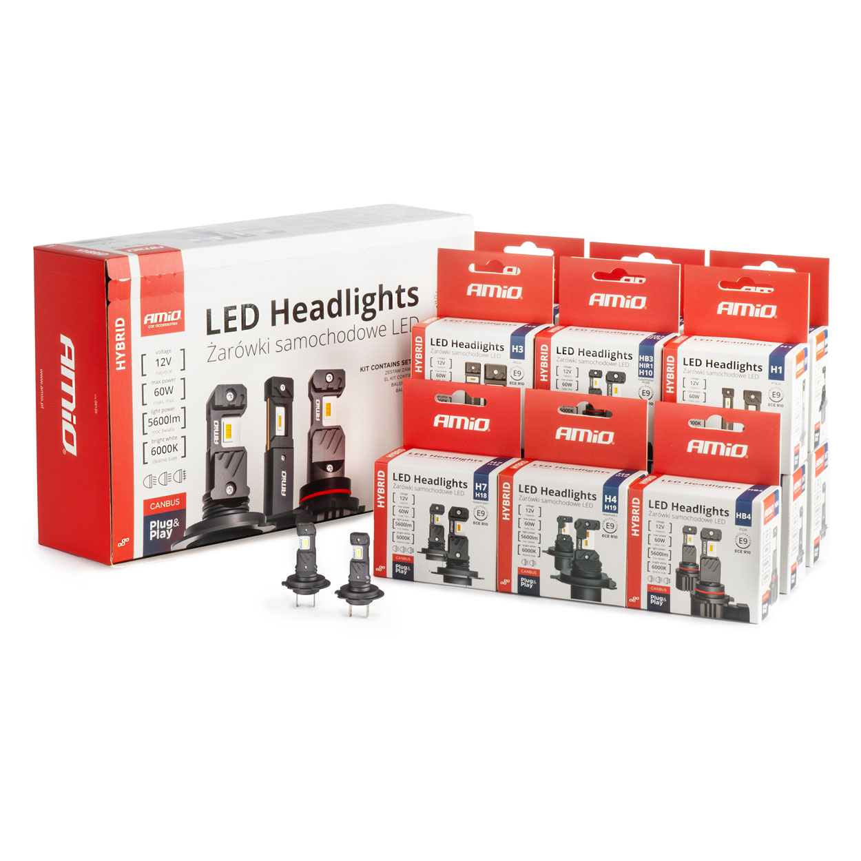 Amio - ΛΑΜΠΕΣ LED H1/H3/H4(x3)/H7(x9)/HB3/HB4 12V 60W 6.000K 5.600lm LED CAN-BUS HYBRID SERIES - ΣΕΤ 16 ΤΕΜ. (04120/AM)